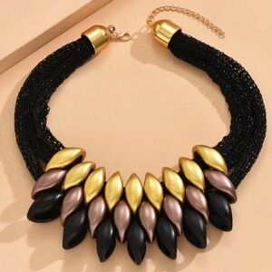 Womens Multi Strand Mesh‎ Black Pendant Statement Necklace
